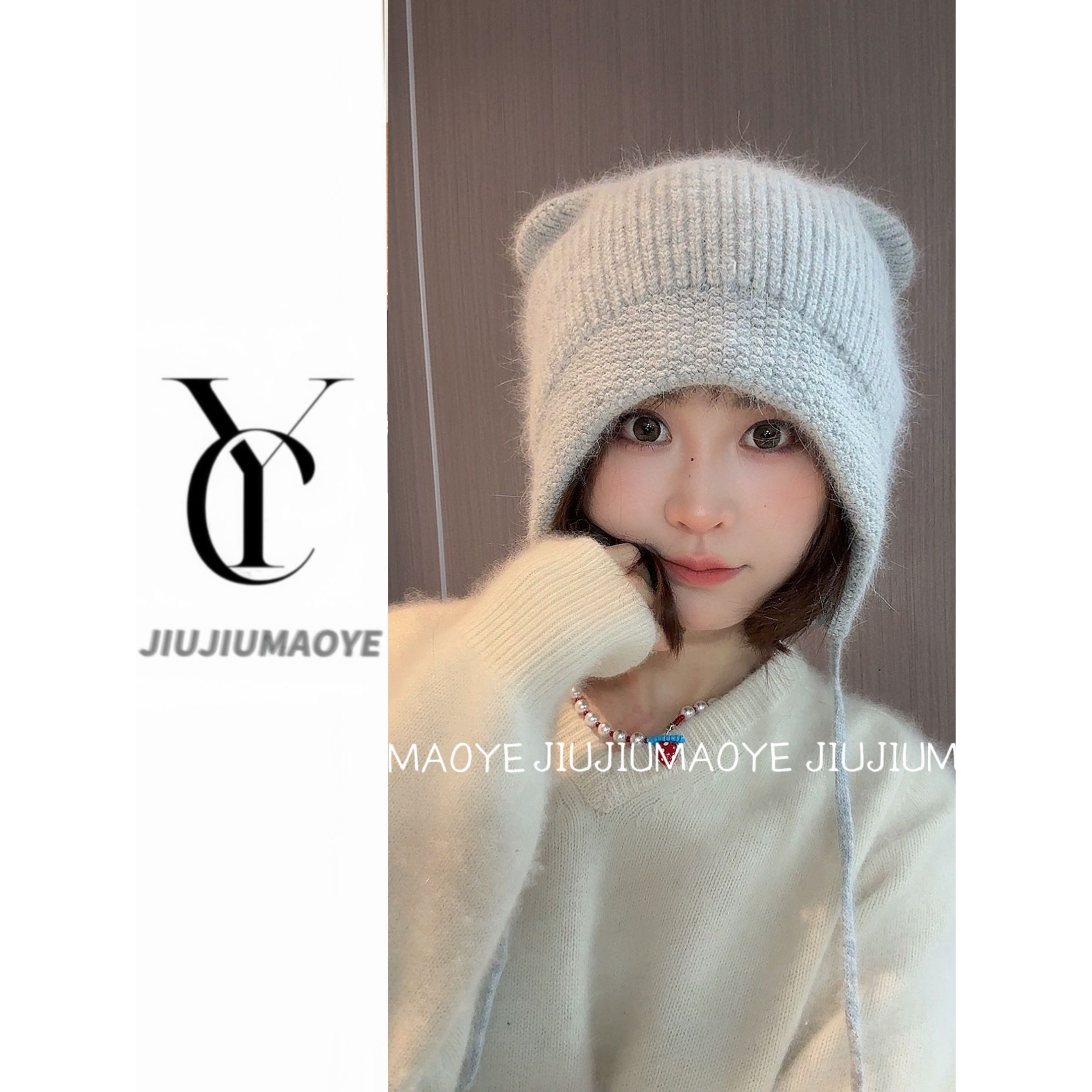 秋冬猫耳朵纯色短檐针织帽帽子秋季宽松流苏