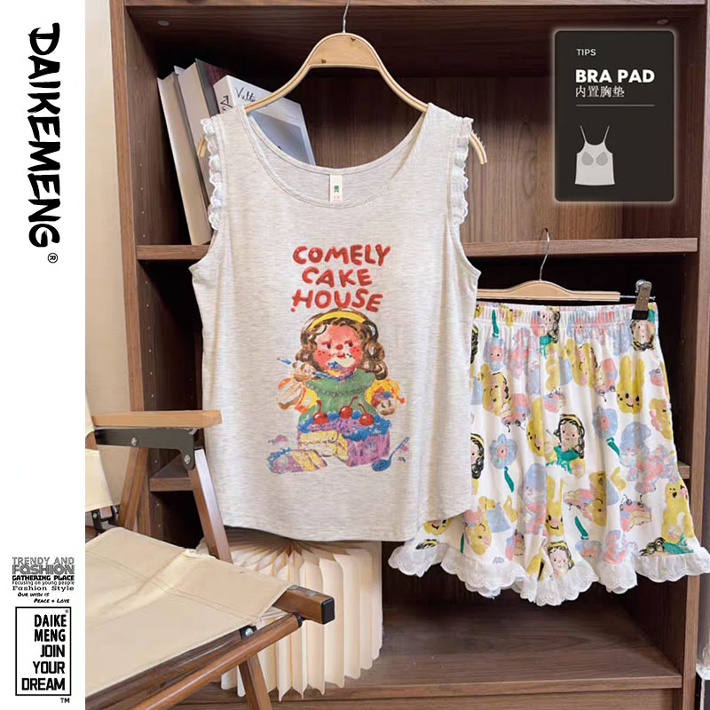油画女孩卡通印花莫代尔睡衣女带胸垫背心短裤甜美花边家居服套装
