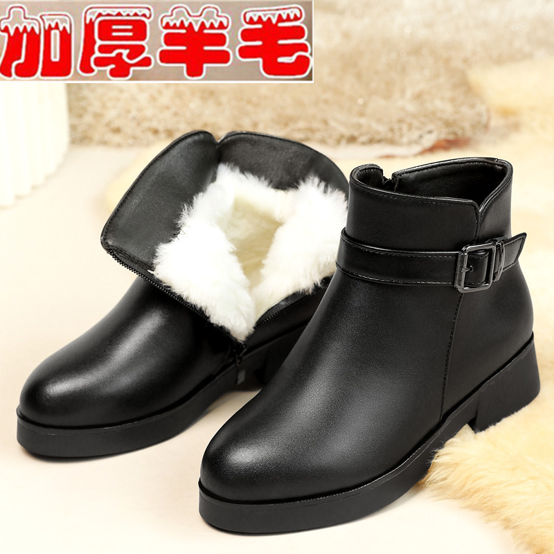 妈妈鞋棉鞋软皮秋冬季加绒春秋单靴短靴中年女靴子中老年皮鞋粗跟