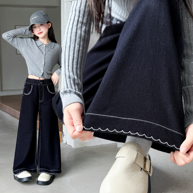 女童裤子秋装2025新款洋气初中生女孩阔腿裤女大童秋季直筒牛仔裤