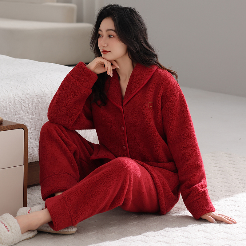 大红色珊瑚绒女款睡衣秋冬天加厚开衫保暖羊羔绒本命年加绒家居服