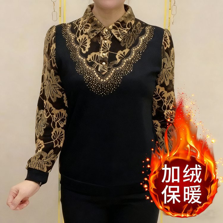 秋冬新款时尚假两件小衫妈妈宽松薄绒显瘦休闲百搭减龄女