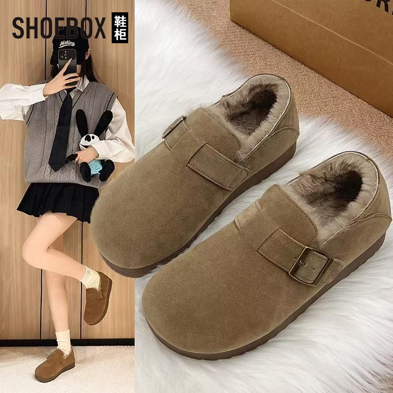 达芙妮旗下鞋柜全包勃肯鞋女2025冬季新款复古毛毛鞋加绒保暖棉鞋