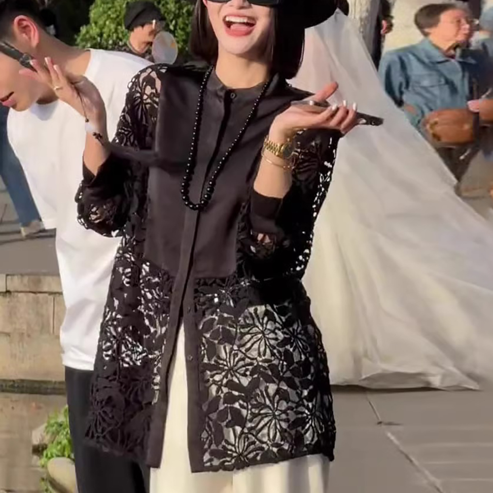 轻奢高级感黑色镂空衬衫女士秋夏季2025新款减龄洋气蕾丝衬衣上衣