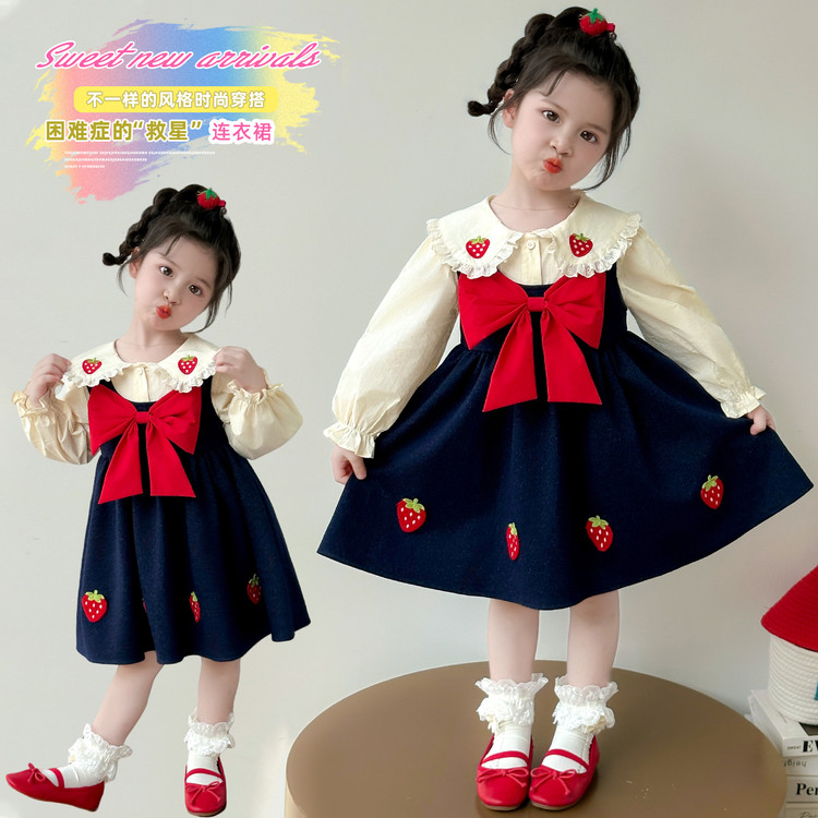 女宝秋季连衣裙韩版春秋女中小童草莓蝴蝶结长袖裙子学院风公主裙
