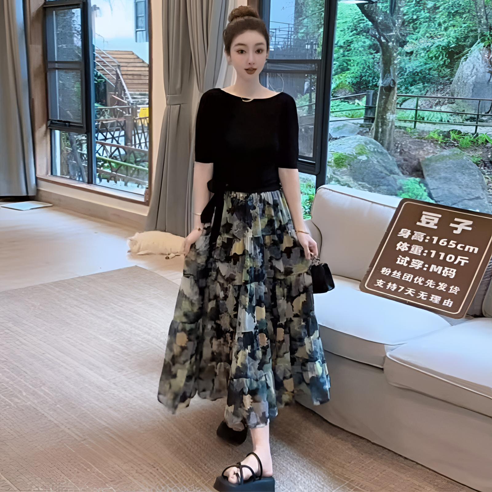 夏季薄款系带针织衫女T恤宽松冰丝短袖套装高腰中长款碎花半身裙