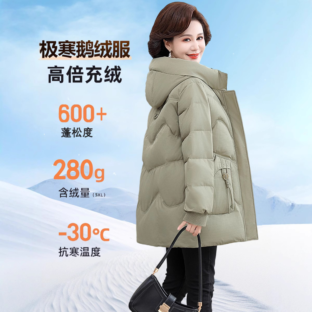 正品撤柜鹅绒羽绒服女中款冬季中老年加厚保暖高端大牌鹅绒服外套