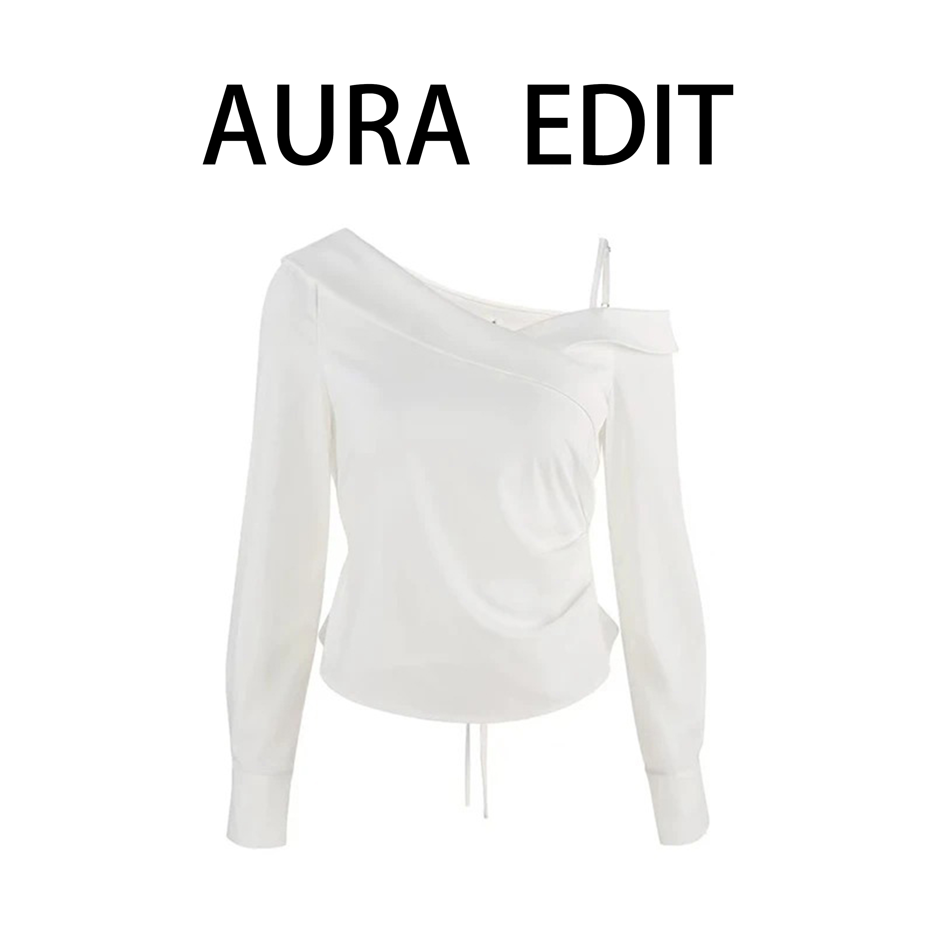 小心机斜肩长袖衬衫女2025秋装新款设计感褶皱收腰显瘦短款上衣