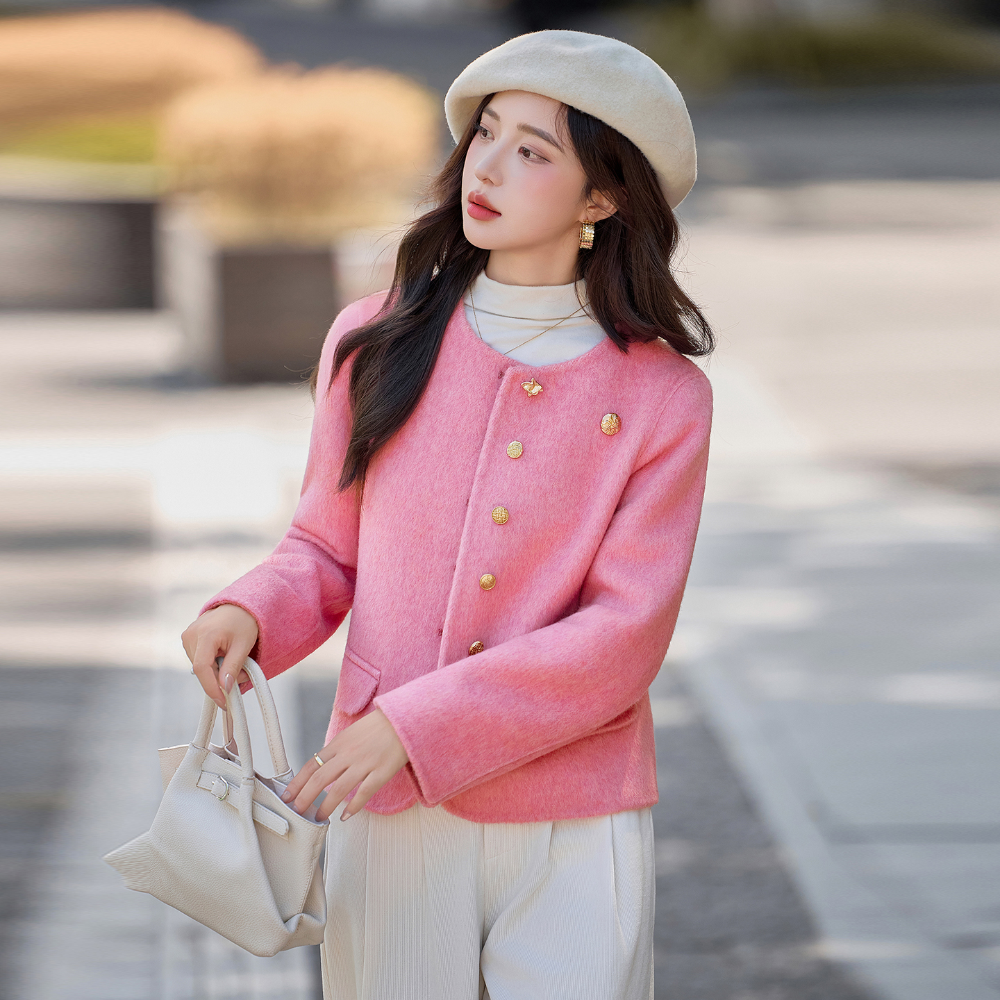 小香风粉色短款毛呢外套女2025秋冬新款超好看圆领双面羊毛呢大衣