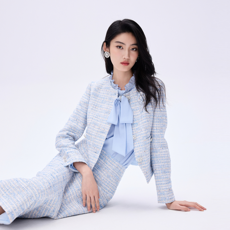 朗姿/莱茵【晴·光】法式温柔山茶花粗花呢套装冰河蓝色LDHA1ACCJ305