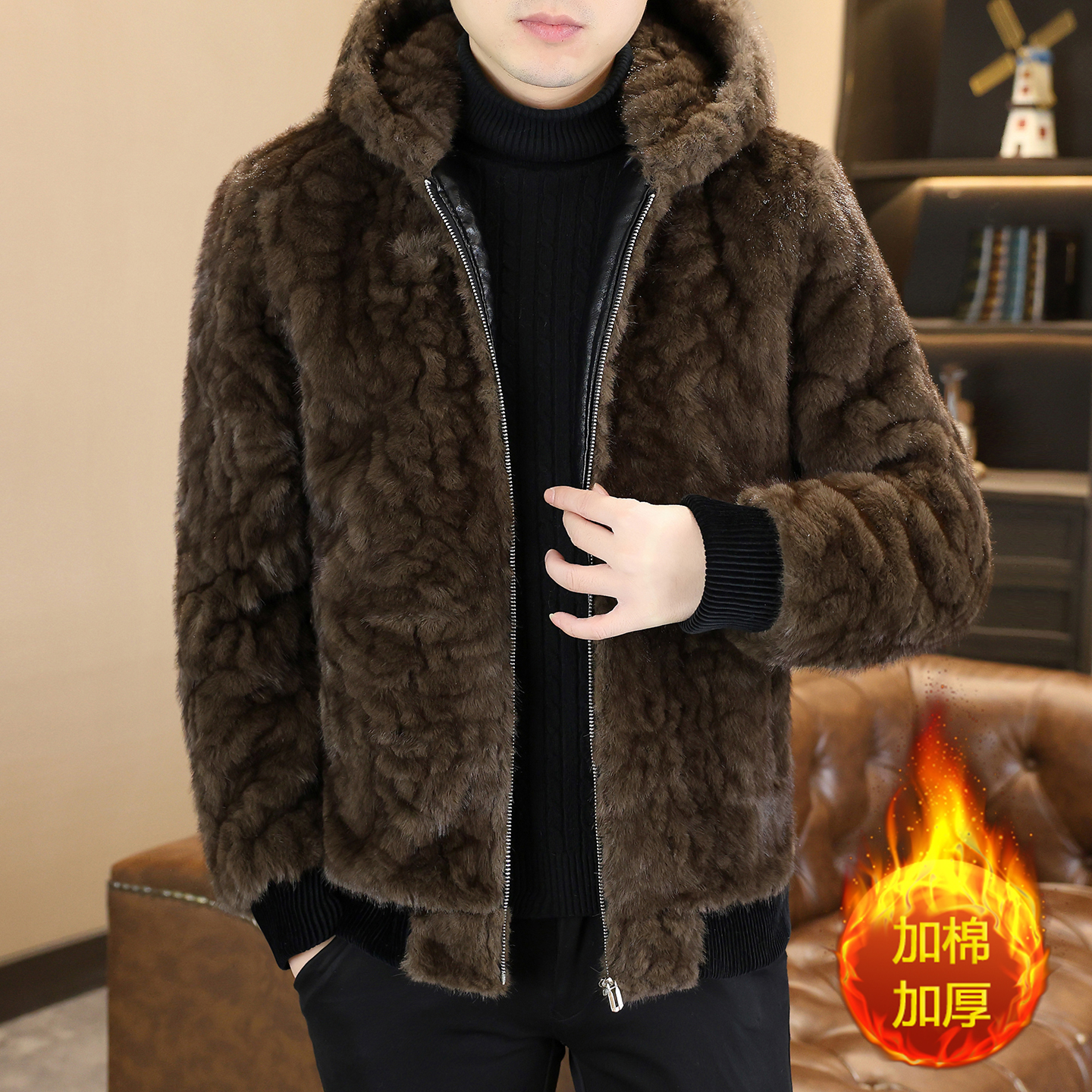 TONKALAUCI层次高级感连帽男加棉加厚保暖拉链夹克冬季外套厚款