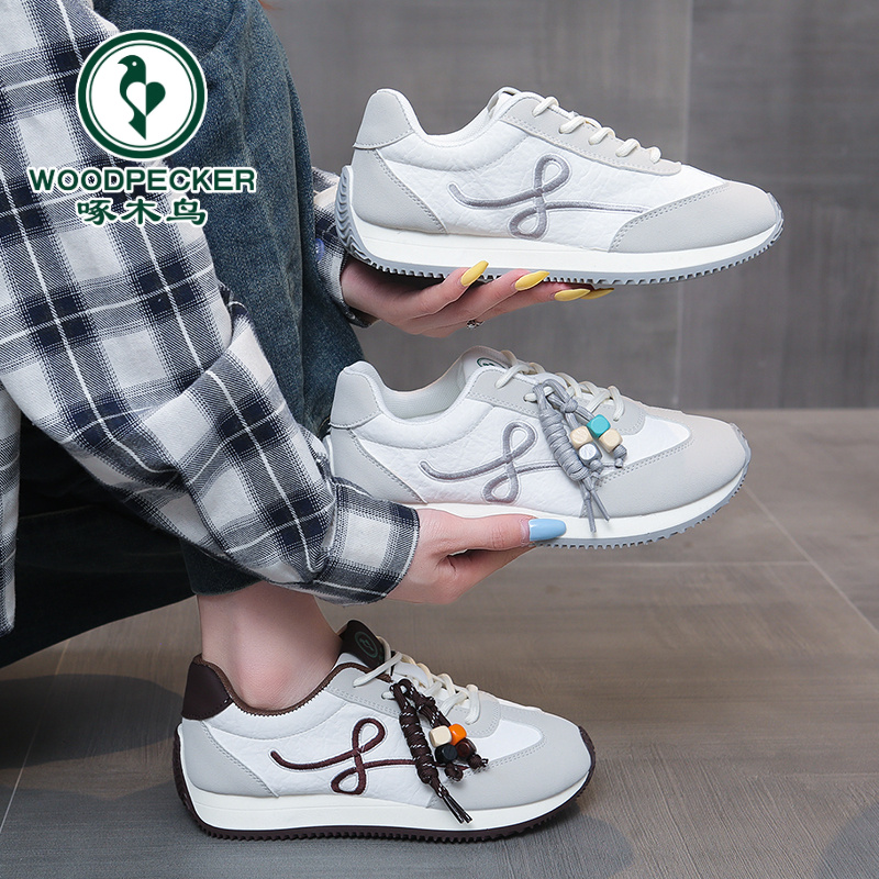 【新号】啄木鸟2025新款真皮德训秋季时尚平底运动鞋软底百搭休闲鞋
