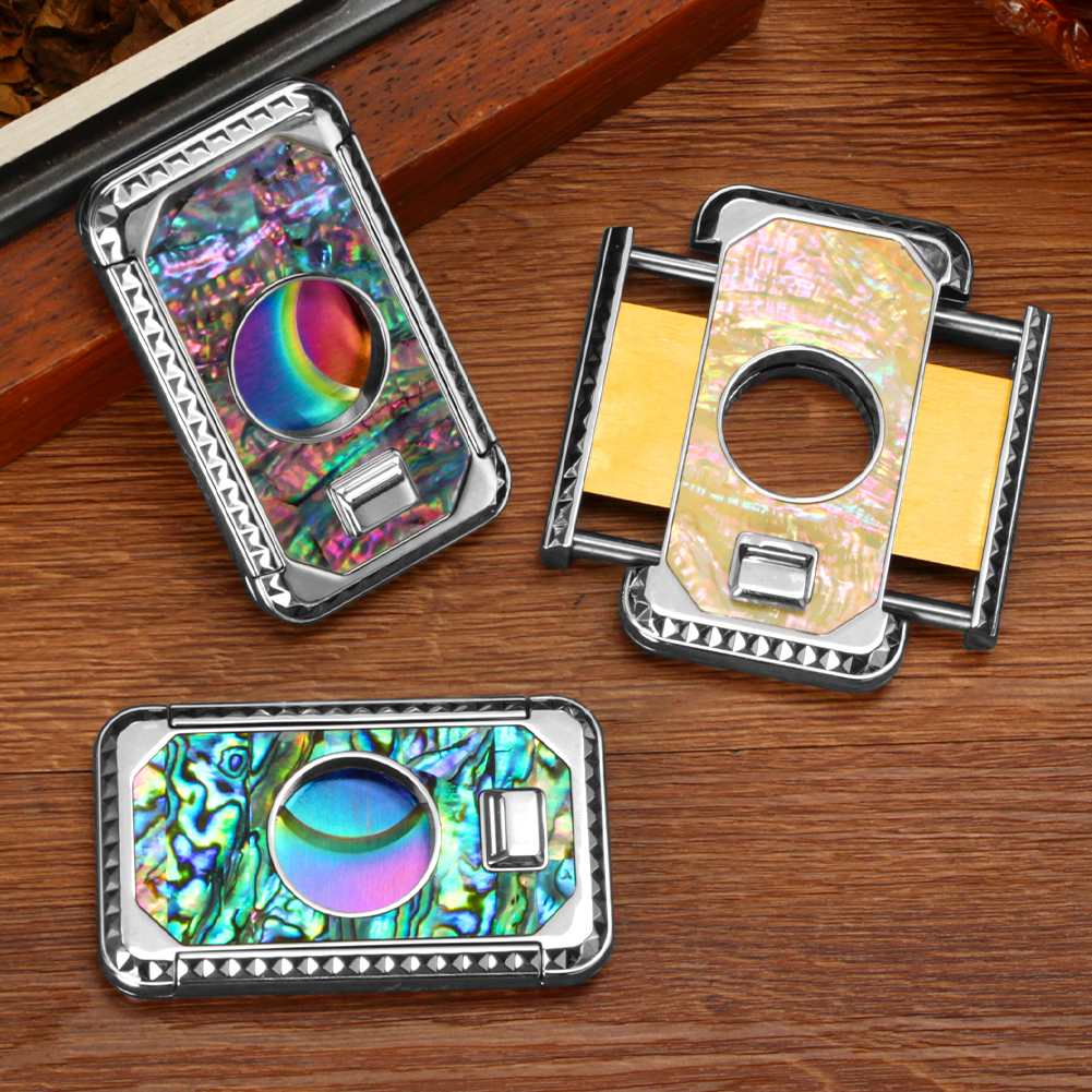 雪茄剪刀便携式半自动双刃雪茄刀嵌贝壳金属剪烟器便携小巧礼盒装