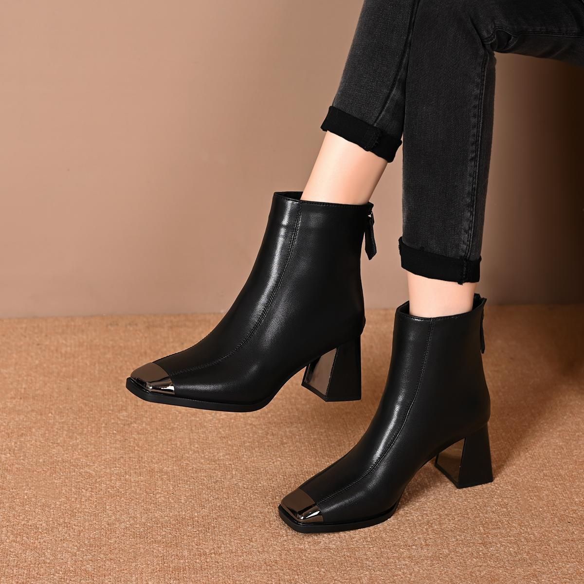 英伦风金属方头后拉链粗跟瘦瘦靴女2025新款显瘦高跟炸街短靴8789
