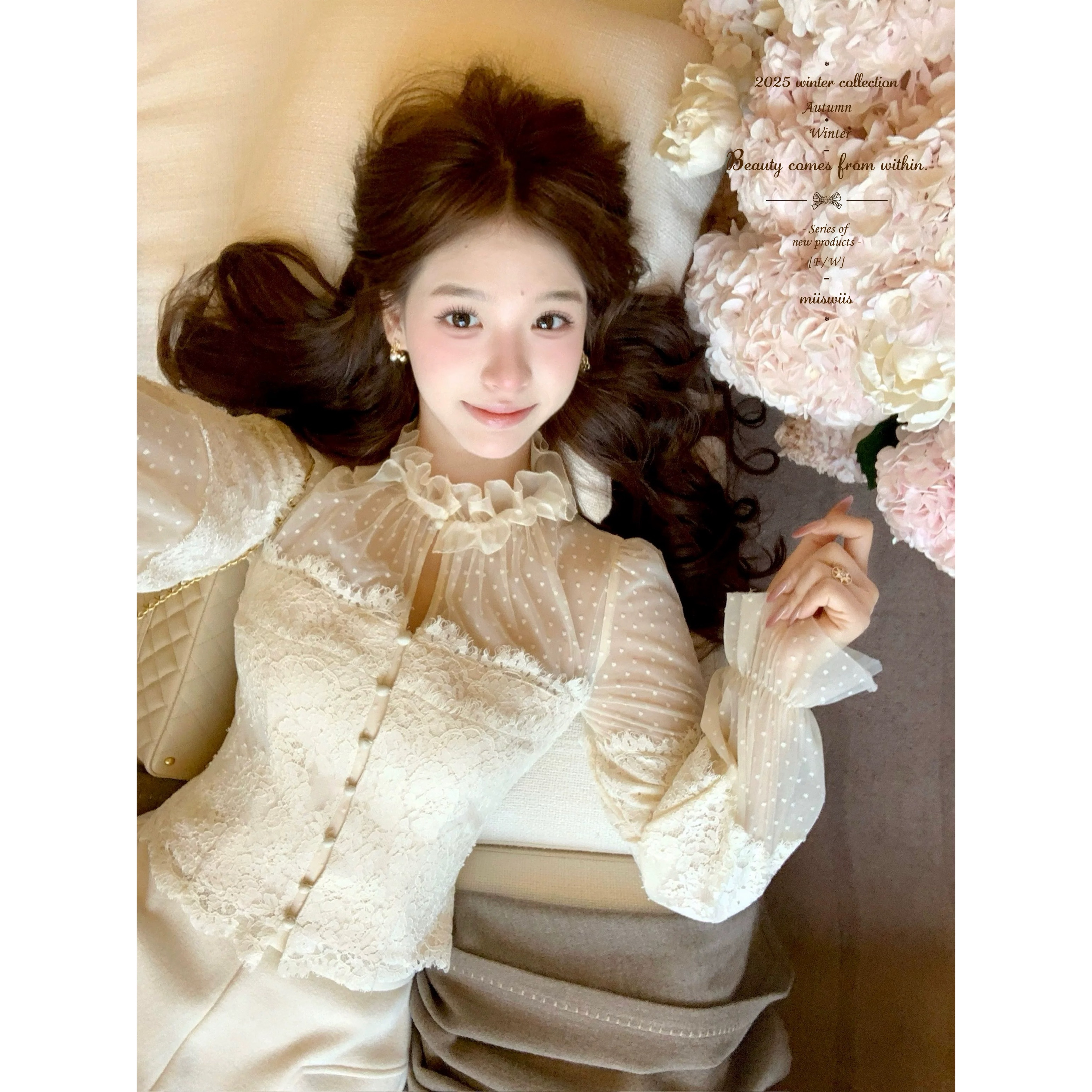 【玉珠流仙】重工复古蕾丝波点上衣 花边网纱拼接收腰衬衫