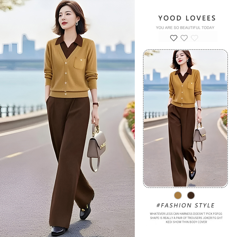 2026春秋新款设计感翻领假两件针织衫上衣气质半松紧腰九分裤套装