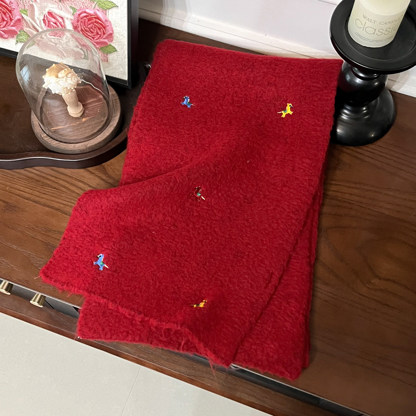 冬季红色氛围感韩版小马刺绣围脖针织围巾女软糯舒适保暖骑行围巾