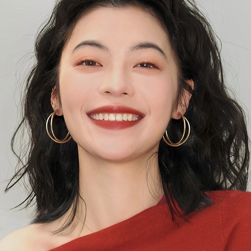 足银耳饰 999银针双层耳圈ins小众个性大耳环夸张素圈女气质百搭