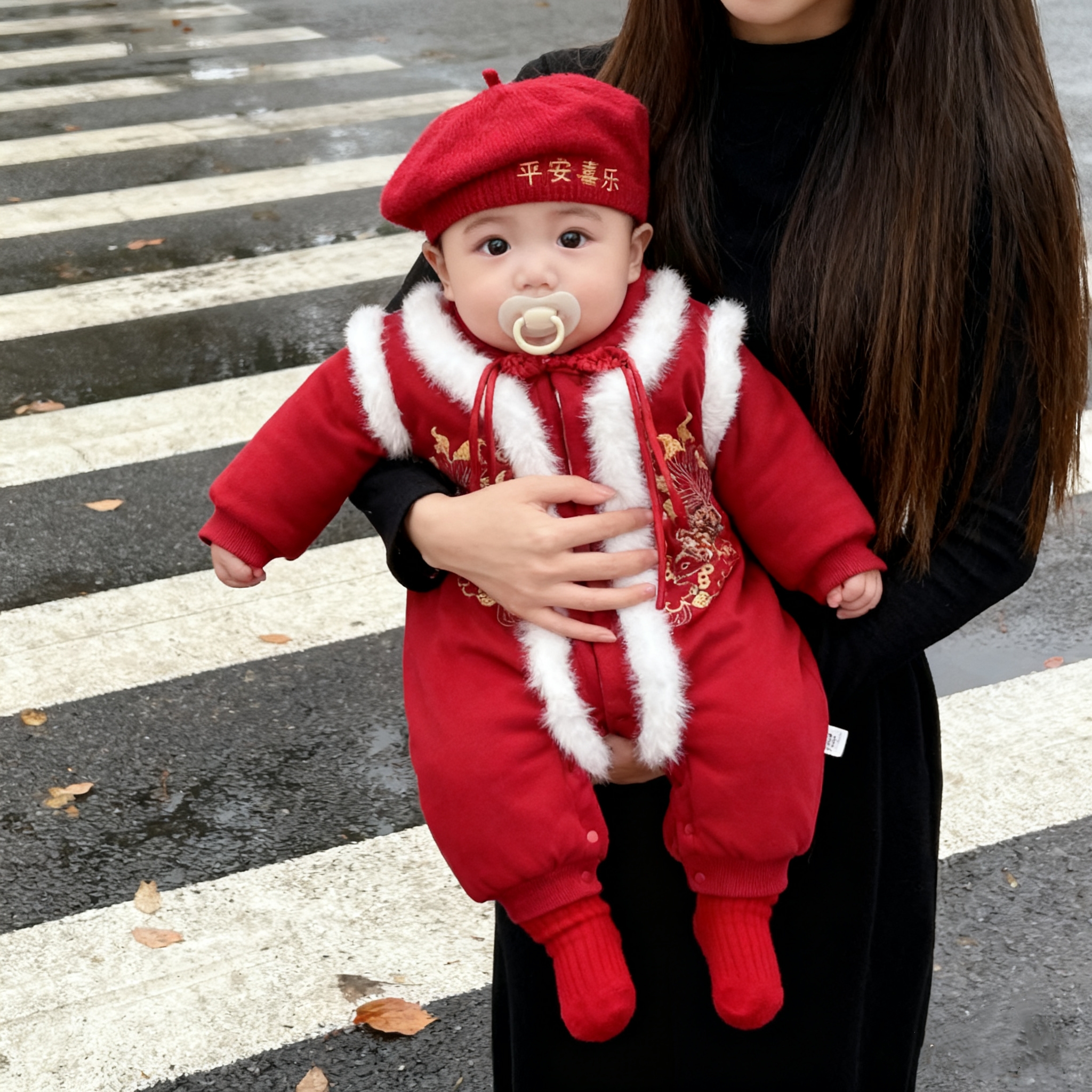 新生儿加绒喜庆连体衣加绒加厚婴儿保暖连体衣拜年服宝宝周岁礼服