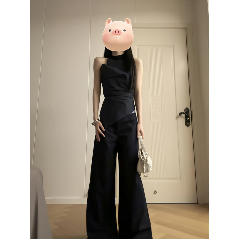 不对称拼接高领挂脖系带背心无袖上衣直筒休闲裤阔腿宽松山本长裤