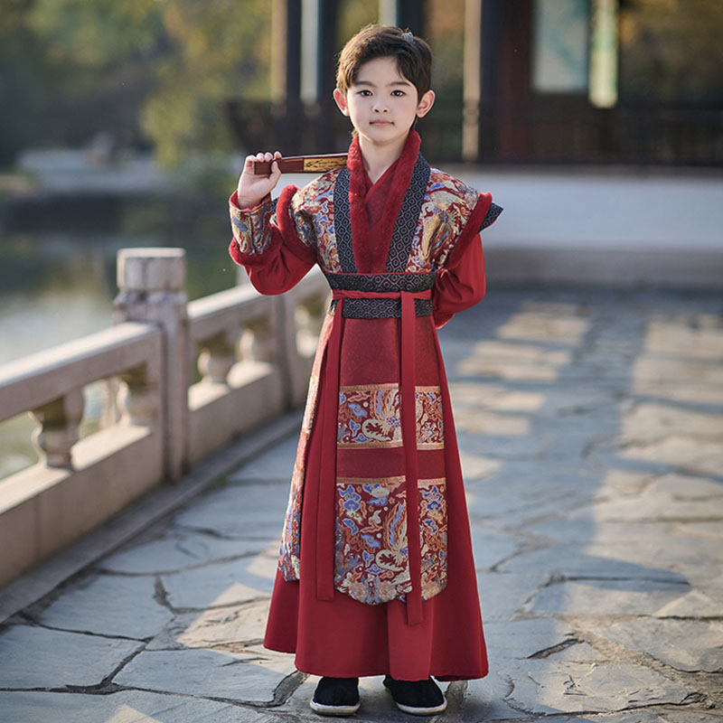 男童汉服2025新款儿童加绒加厚冬季幼儿园演出帅气红色拜年服批发
