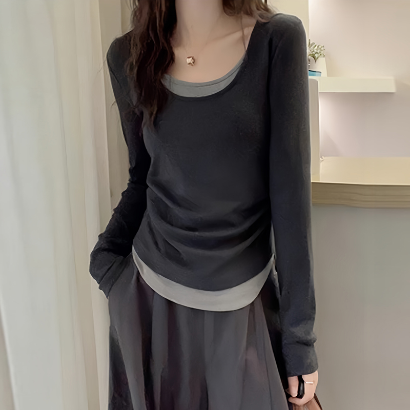 韩版简约风时髦长袖t恤女2025秋冬秋新款高级感拼接百搭打底上衣