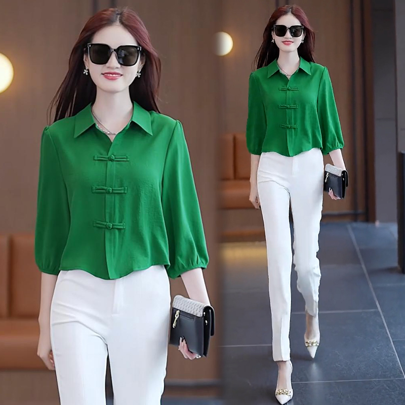 早春时尚宽松百搭衬衣2025年夏季气质七分袖遮肚子盘扣上衣女小衫