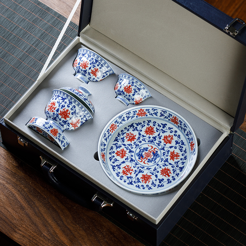 景德镇青花釉里红缠枝莲功夫茶具套装家用盖碗茶杯高档中式泡茶器