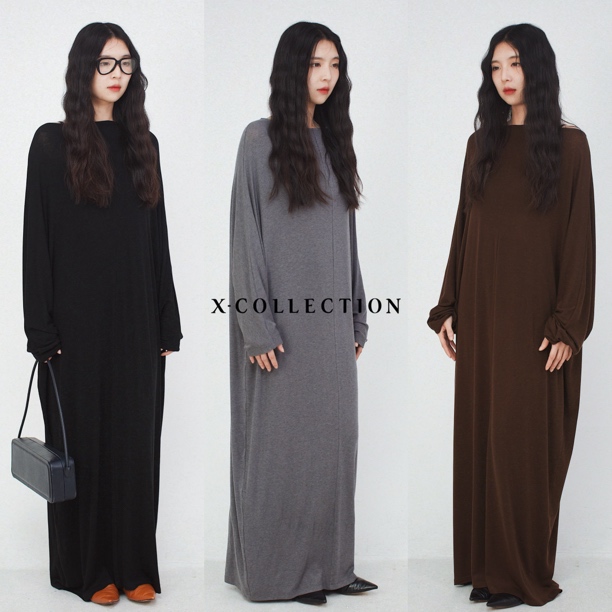 xcollection25夏新品天丝美丽诺防缩羊毛慵懒风廓型长袖连衣长裙