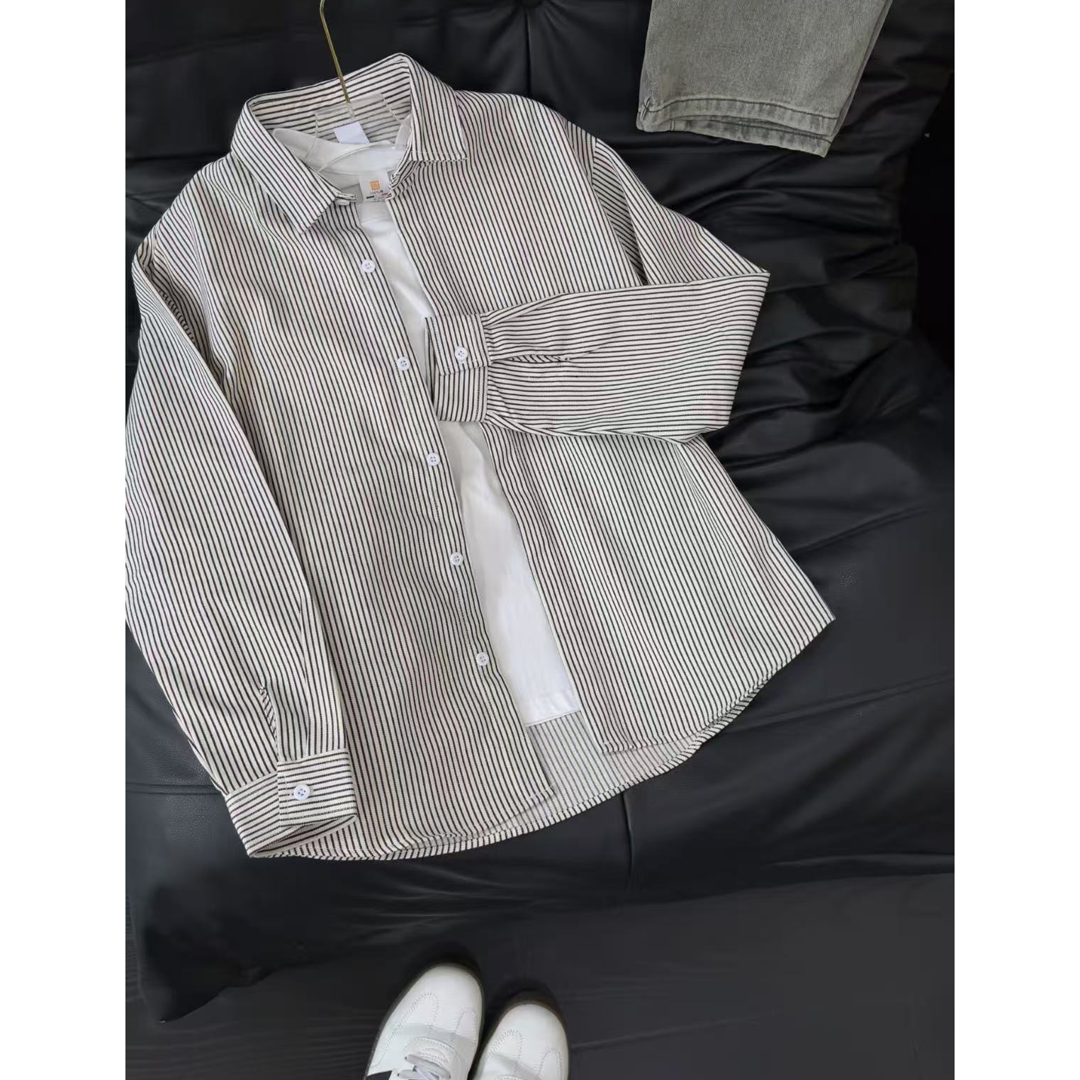 黑白竖条纹衬衫男女长袖日系复古上衣高级感宽松休闲外套叠穿衬衣