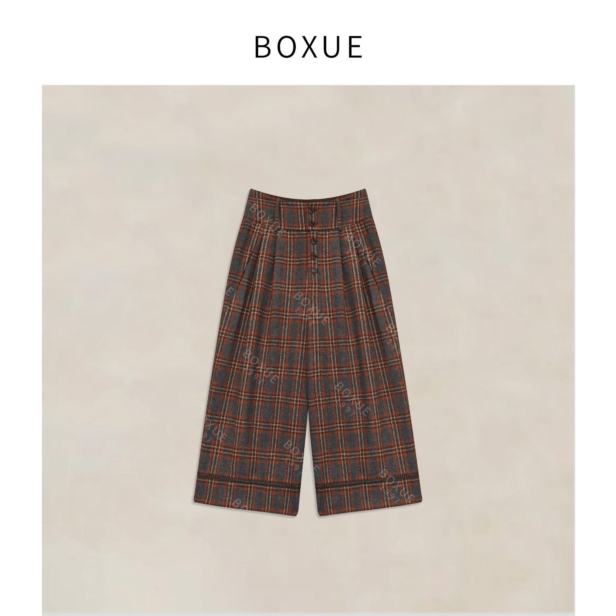 BOXUE“粟香”2025秋冬高级感羊.毛舒适格子裤子#251018K5773