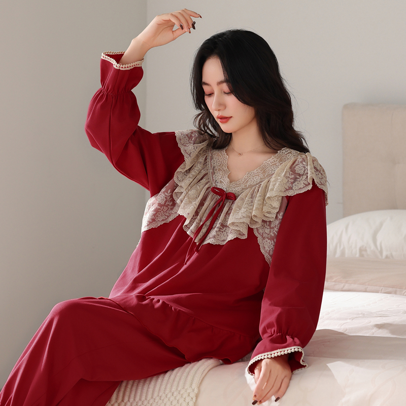 睡衣女款爆款2025新款套装纯棉春秋女士大码红色酒红本命年家居服