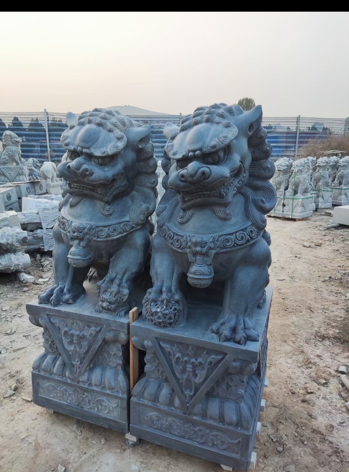 石雕青石卷毛狮子庭院大门风水摆件