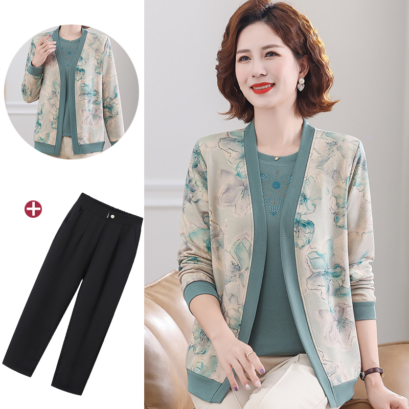 妈妈春秋薄款针织两件套上衣中老年女装50岁时尚开衫秋季洋气套装
