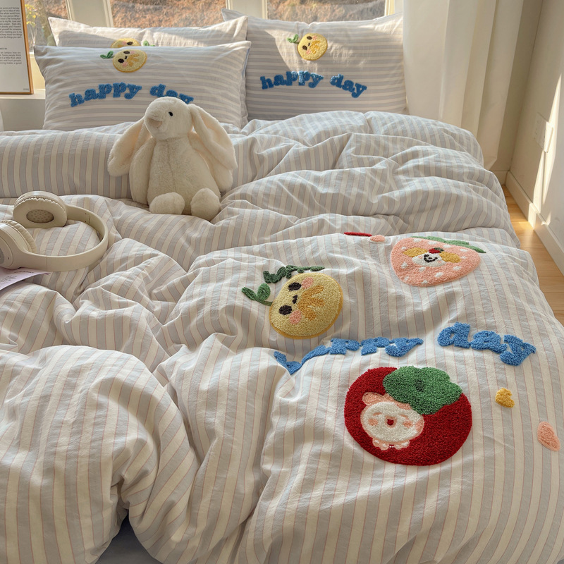 卡通可爱全棉水洗棉床上四件套纯棉毛巾绣被套学生宿舍床单三件套