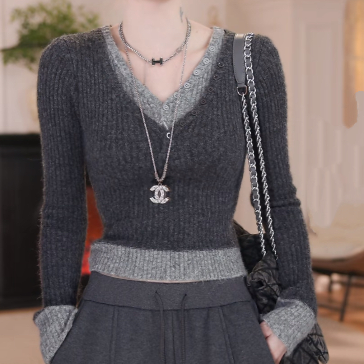 2025时尚新款百搭气质v领假两件针织衫慵懒风套头修身女上衣H3-29