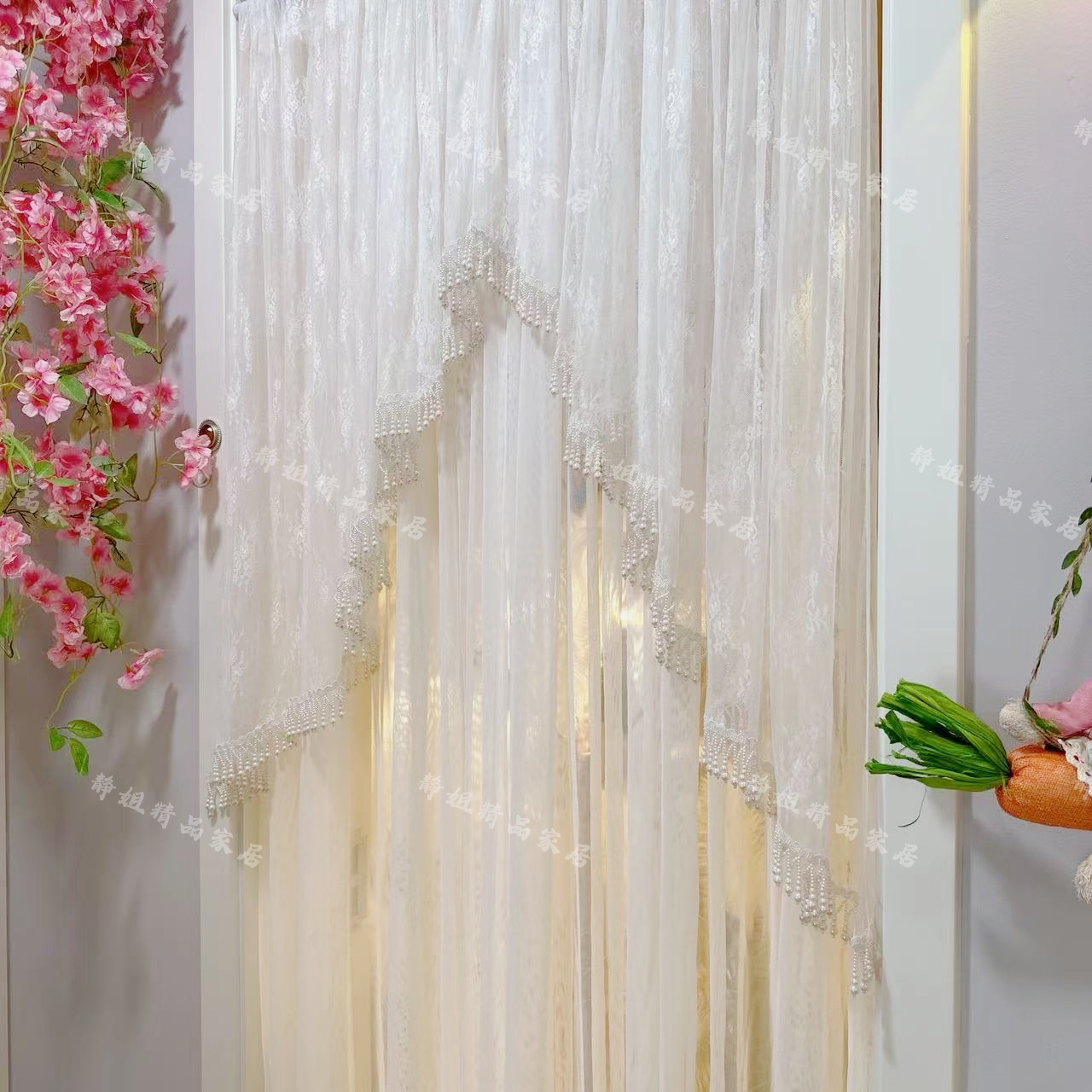 轻奢白纱流苏边碎免打孔安装隔断门帘纱帘蕾丝卧室厨房隔断