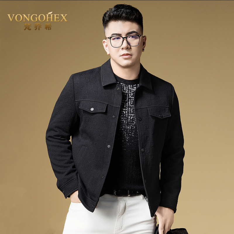 VONGOHEX休闲夹克男士秋冬新款字母提花商务翻领工装时尚茄克外套