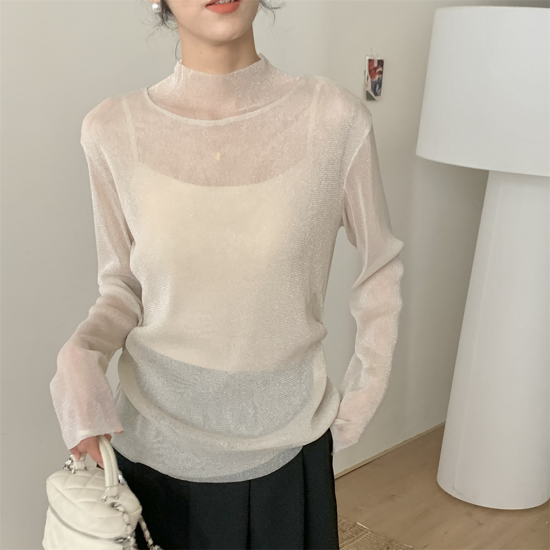 繁星打底衫 2026早春新款时尚百搭修身抽褶亮丝网纱轻薄长袖上衣