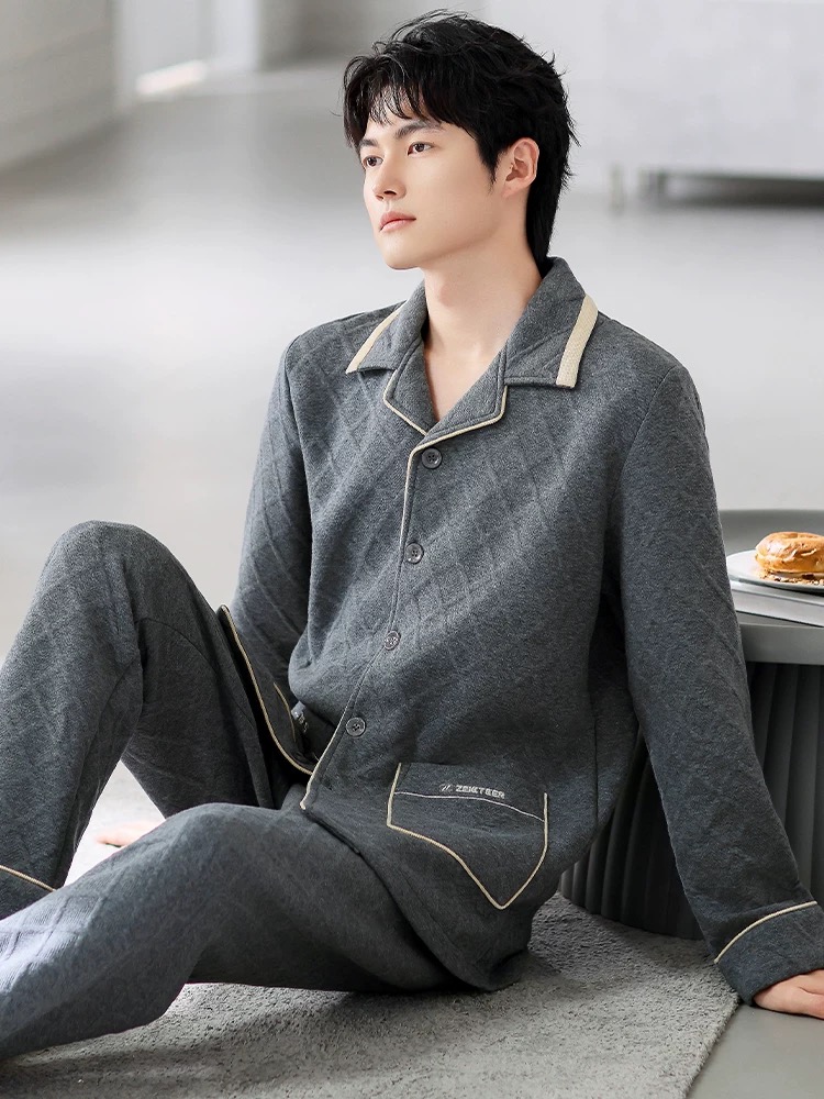 睡衣男春秋款加厚纯棉夹层空气棉秋冬季保暖男士薄夹棉冬款家居服