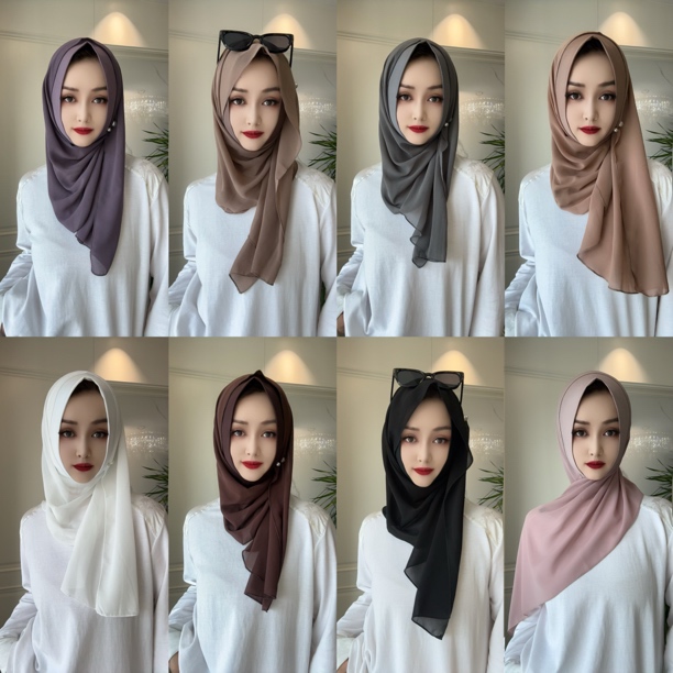 j拼接雪纺圆口光版绕巾（配珍珠扣）