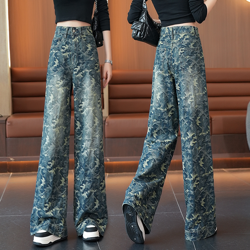 拉夏贝尔复古高腰牛仔裤春秋女2025宽松舒适直筒裤迷彩提花阔腿裤