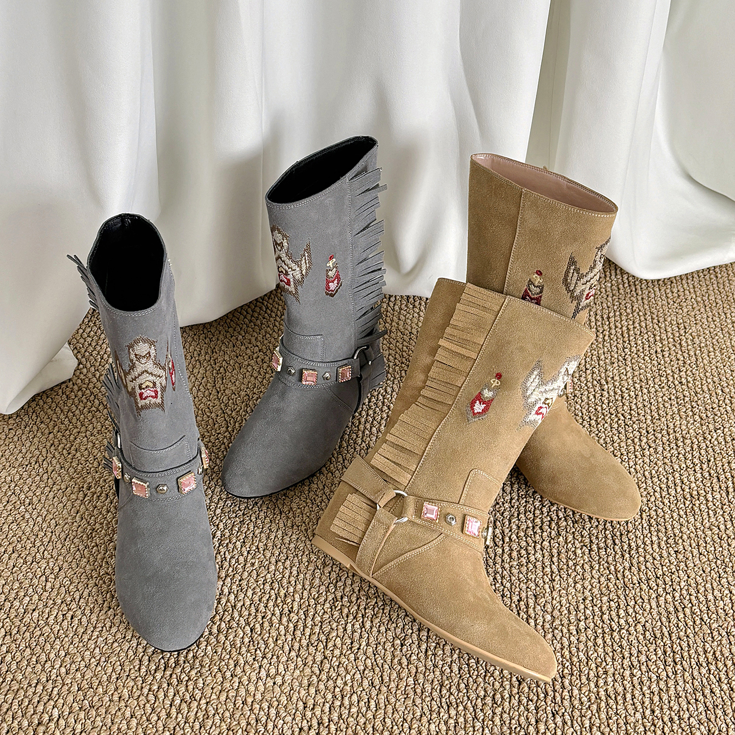 小众设计感刺绣平底翻毛皮中筒靴女2025秋冬新款一脚蹬气质小短靴