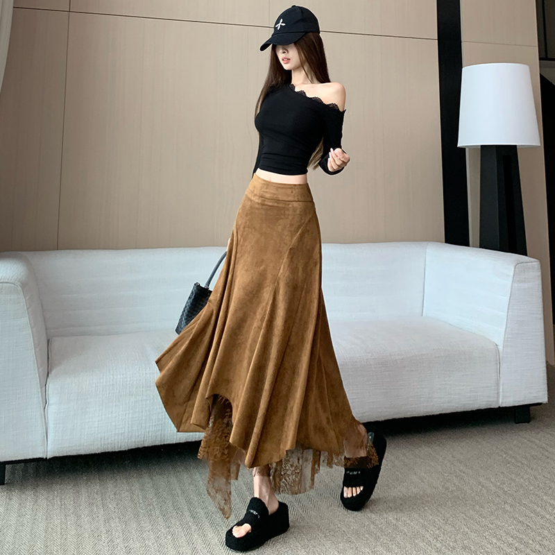 复古蕾丝拼接不规则高腰半身裙秋冬新款鹿皮绒美拉德时髦A字长裙