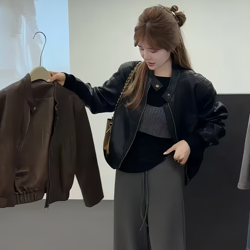 时尚气质高级感长袖皮衣女2025年春秋新款小众宽松减龄遮肉上衣