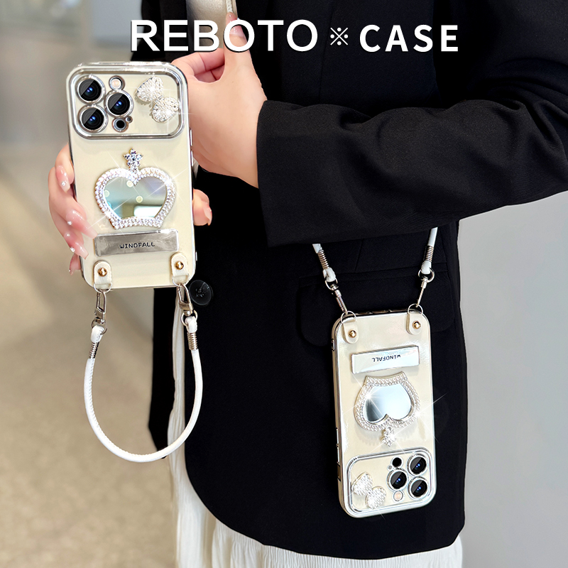 皇冠补妆镜适用苹果15华为/vivo/oppo小米iphone16支架斜挎手机壳