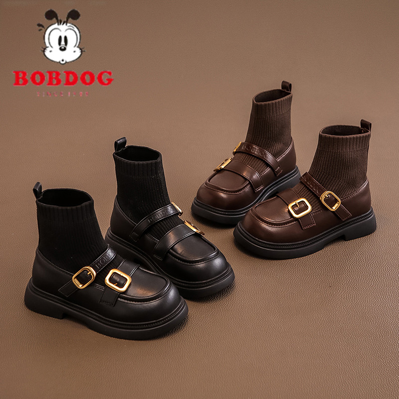 巴布豆女童鞋子儿童马丁短靴2025秋冬季皮靴袜靴女孩加绒公主洋气