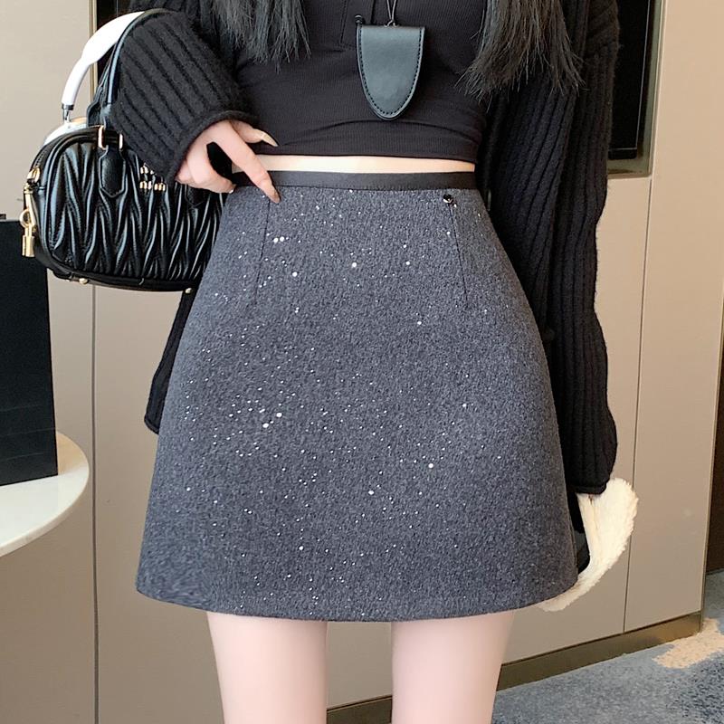 灰色亮片加厚毛呢半身裙女秋冬小个子高腰显瘦防走光a字包臀短裙
