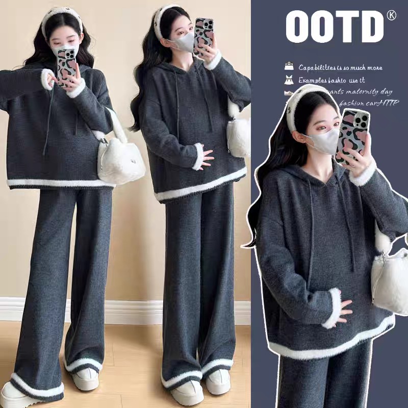 时髦新款孕妇简约设计慵懒风懒人针织套装针织阔腿裤洋气款两件套
