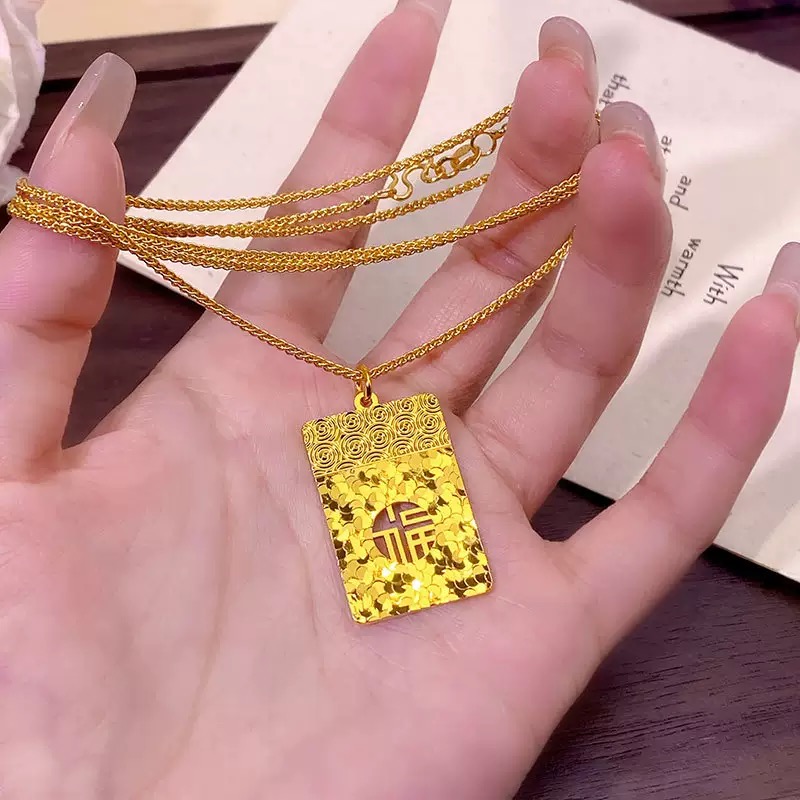 铜合金项链 新中式古法爆闪碎碎冰福字无事牌项链精致百搭不掉色